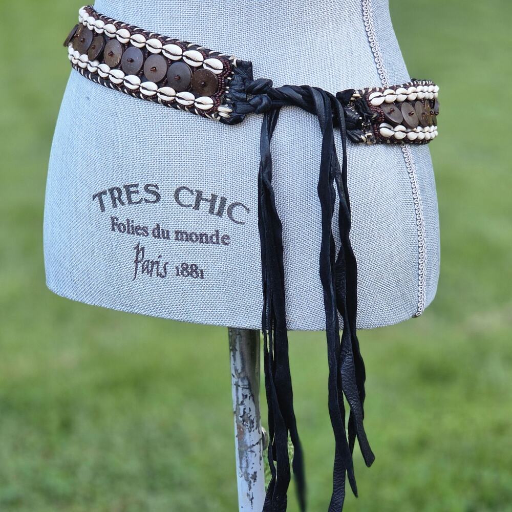 Handmade Boho Cowrie Shell & Coconut Shell Leather Tie Belt